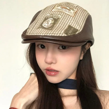 Japanese Retro Printed PU Leather Forward Hats for Women Summer and Autumn New Niche Splicing British Berets Caps Men