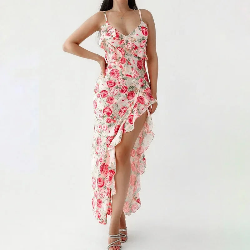 Flower Printed Strap Dress 2025 Spring New Fashion Elegant Sleeveless V Neck High Slit Ruffles Vestidos Beach Vacation Robe