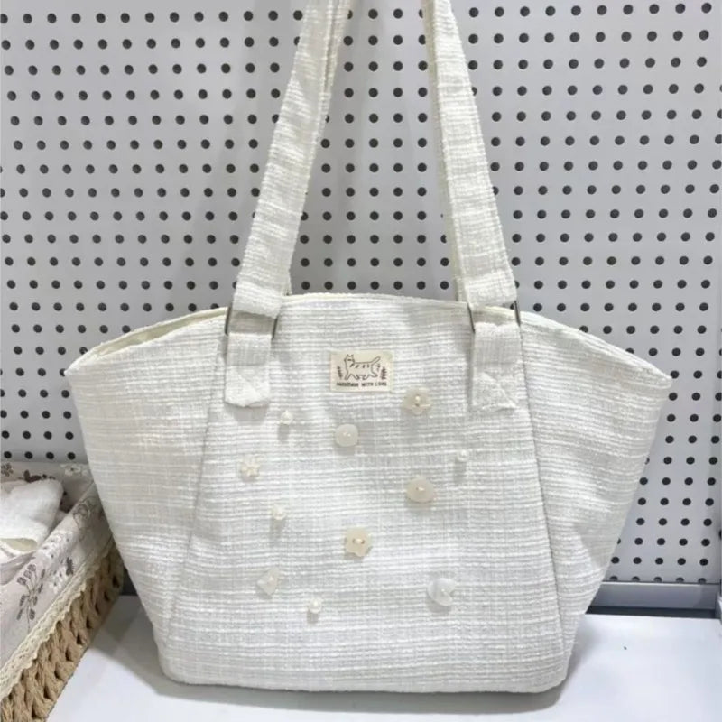Sweet Button Pearl Shell Bag Women Exquisite White Large Capacity Tote Bag Ladies Elegant Harajuku Commute Shoulder Bags