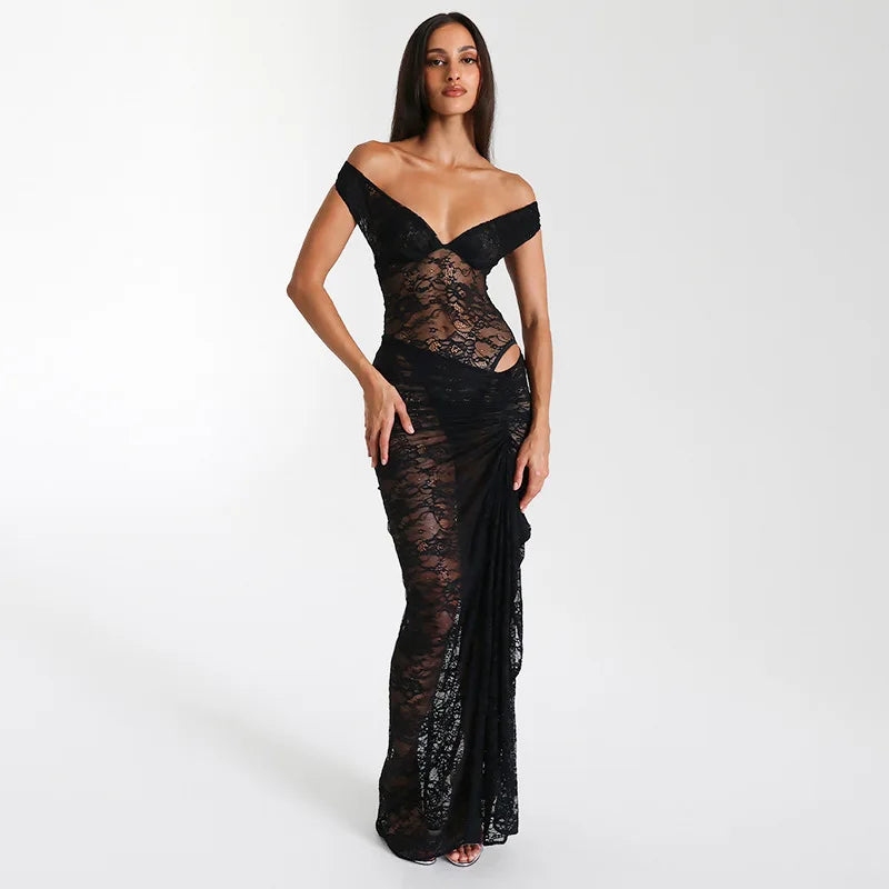 Off Shoulder Lace Sweetheart Neck Ruched Cutout Maxi Dress