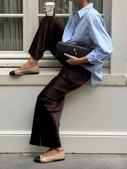 New straight leg pants with satin finish, high waisted and drooping casual pants