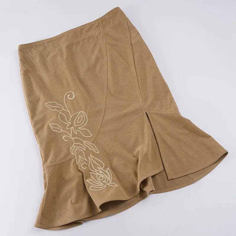 Women's Vintage Midi Skirt 2026 Summer High Waist Slim Ruffle Fishtail Skirts Party Side Slit Elegant Embroidery Skirt