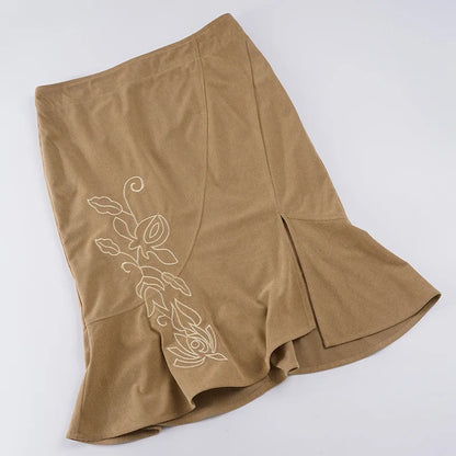 Women's Vintage Midi Skirt 2026 Summer High Waist Slim Ruffle Fishtail Skirts Party Side Slit Elegant Embroidery Skirt