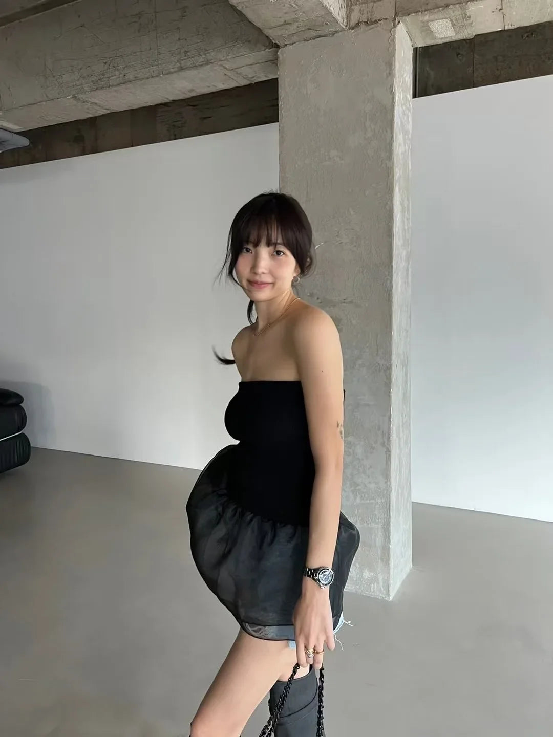 South Korea Chic Tops Summer French Sexy Line Collar Slim Tanks Patchwork Mesh Skirt Bottom Wipe Chest Vest Top Women