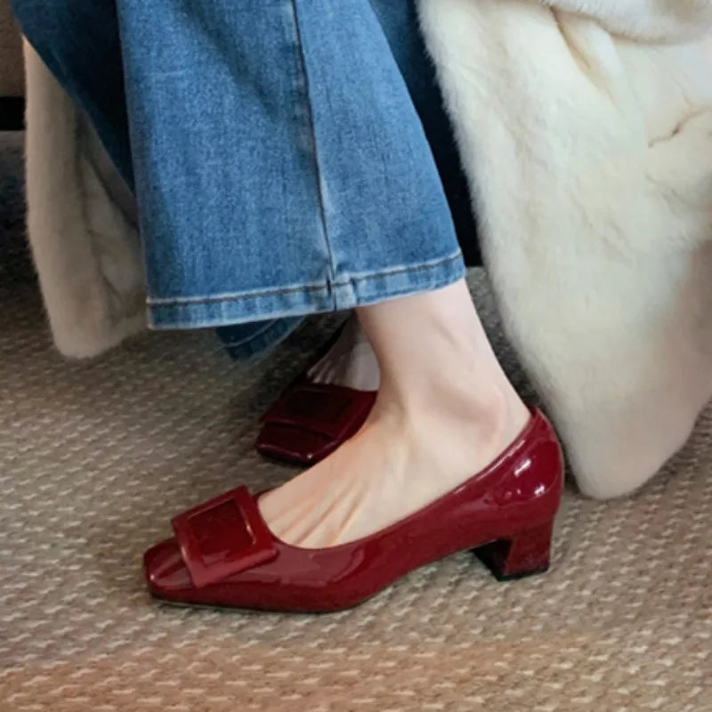 Square buckle commuting women's shoes new style thick heel gentle style square toe elegant temperament high heels women's shoes