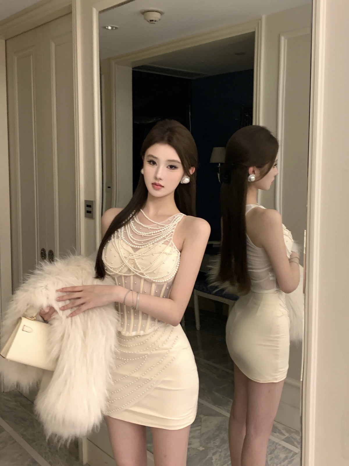 Women's Elegant Pearls O Neck Corset Tank Top Lady High Street Sexy See Throught Slim Tank Top