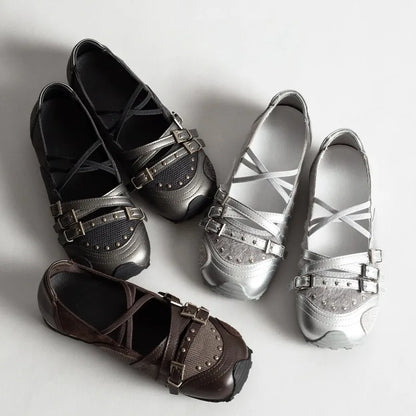 Women's Mary Jane Flat Shoes with Bow Cross Band Soft Bottom Leather Surface Retro Ballet Style Casual Footwear Summer Season