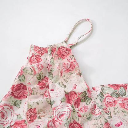 Flower Printed Strap Dress 2025 Spring New Fashion Elegant Sleeveless V Neck High Slit Ruffles Vestidos Beach Vacation Robe
