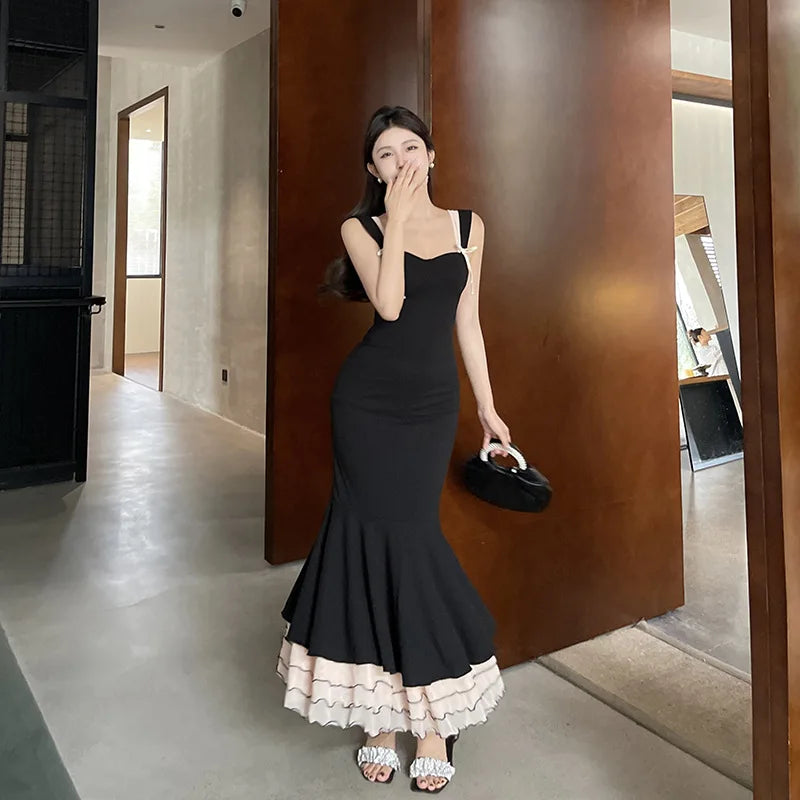 Sweetheart Double Strap Ruffle Trim Mermaid Hem Midi Dress
