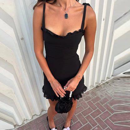 Sexy Plunge Lace Up Slip Slim Dress For Women Patchwork Solid Sleeveless High Waisted One-shoulder Elegant Gown Dress