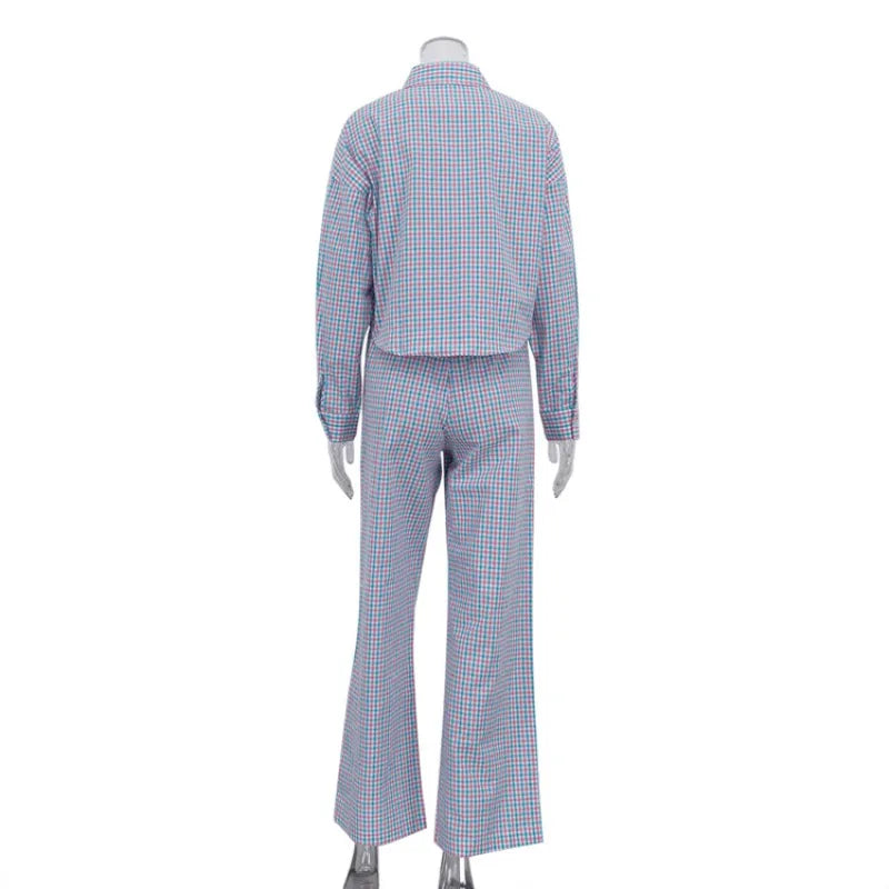 Women's Pink Blue Plaid Set Oversized Shirt & Wide-Leg Pants 2 Piece Set Casual Loose Long Sleeve Co-ord Outfits Chic Tracksuit
