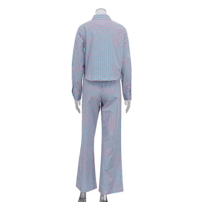 Women's Pink Blue Plaid Set Oversized Shirt & Wide-Leg Pants 2 Piece Set Casual Loose Long Sleeve Co-ord Outfits Chic Tracksuit
