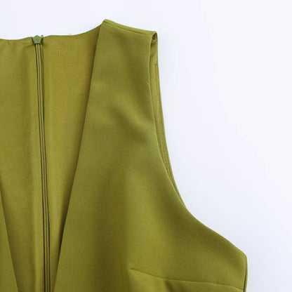 Chic Vintage Green Women's Dress V Neck Strap Sleeveless Shift Mini Dress Fashion 2025 Elegant Evening Dress