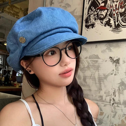 Japanese Retro Denim Berets Cap for Women Spring and Summer New Travel Casual Versatile Show Face Small Cloud Newsboy Hats