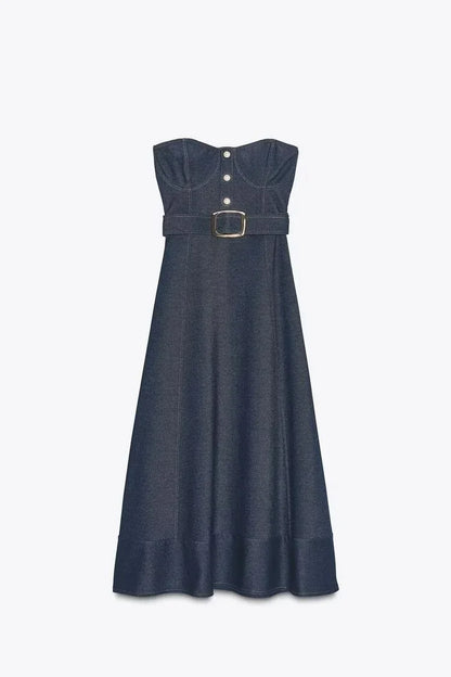 Elegant Off Shoulder Belt Women's Denim Dress Solid Backless Sleeveless Strapless A-line Dresses 2025 Summer Fashion Lady Robes
