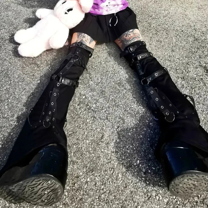 Harajuku Vintage Dark Punk Style Leather Buckle Leggings Micro Flared Leg Covers Women Spring New Leg Warmers