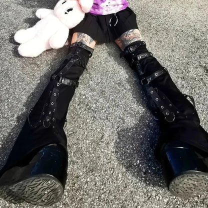 Harajuku Vintage Dark Punk Style Leather Buckle Leggings Micro Flared Leg Covers Women Spring New Leg Warmers