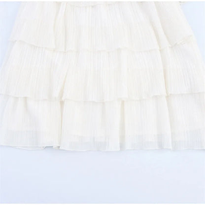Women White Stacked Ruffle Mini Dress Elegant O-neck Sleeveless Backless A-line Halter Dresses 2025 Summer Lady Beach Vestido