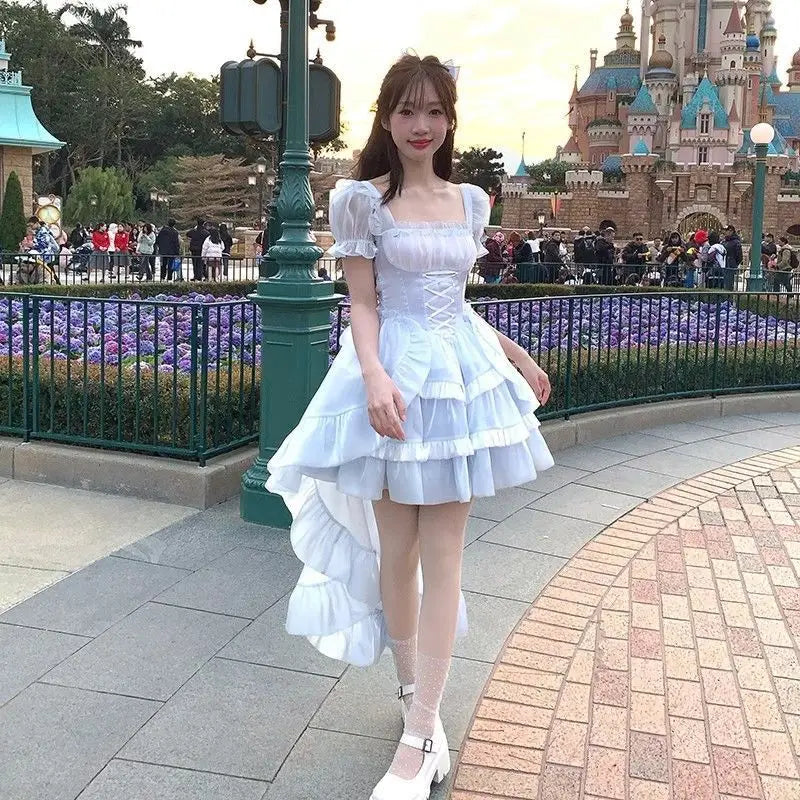 Japan Fashion White Mini Dresses Women French Stitching Wood Ears Lace Cross Lacing Up Short Sleeve Short Dress Holiday Clothin