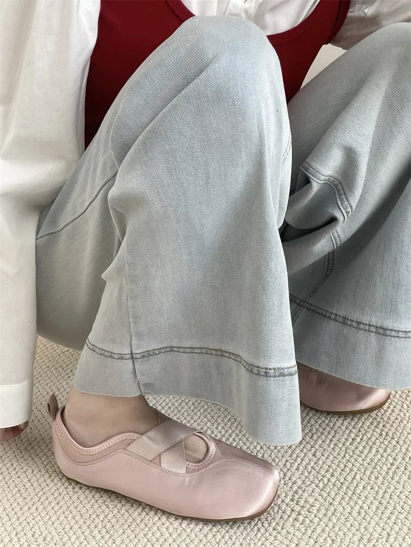 New Women's Ballet Slippers Pink Soft Sole Shallow Heel Round Head Fiberglass Fabric Retro Style Low Heel