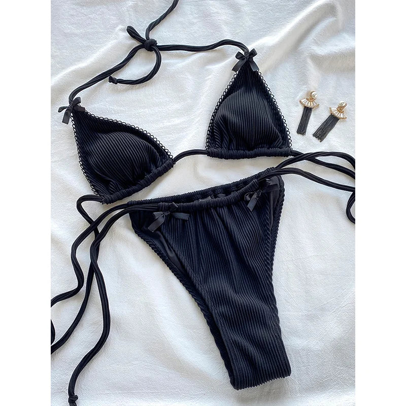 Plaid Print Bikinis Bow Swimwear Women Swimsuit Triangle Bikini Set Bandage Bath Suit Low Waist Thong Beachwear New Biquini