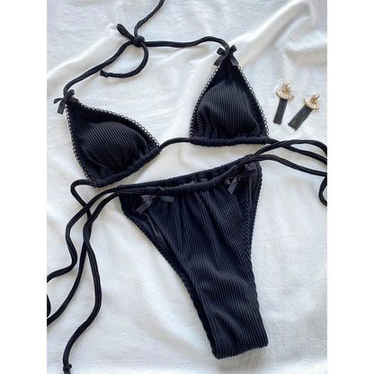Plaid Print Bikinis Bow Swimwear Women Swimsuit Triangle Bikini Set Bandage Bath Suit Low Waist Thong Beachwear New Biquini
