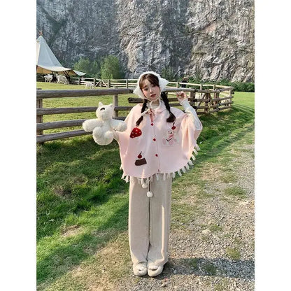 Japanese College Style Autumn Winter Cute Bunny Shawl Cloak Kawaii Lapel Tassel Bow Cardigan Women Knitted Sweater Top