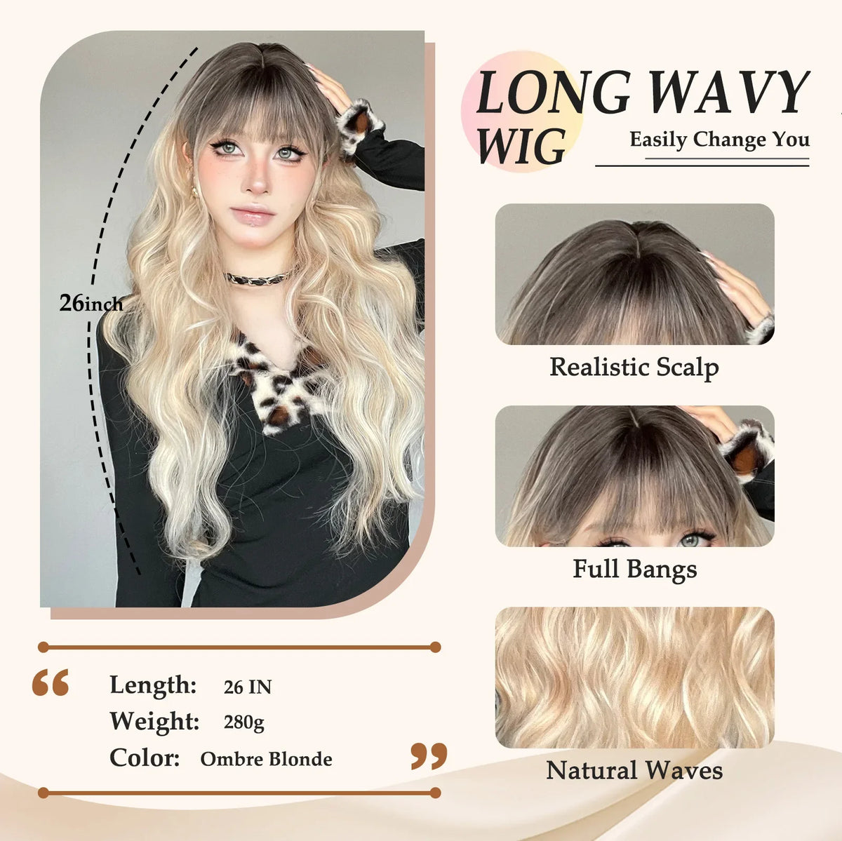Ombre Blonde Wig with Bangs Long Wavy Wig for Women Highlight Platinum Curly Synthetic Wig Cosplay Party Daily Heat Resistant