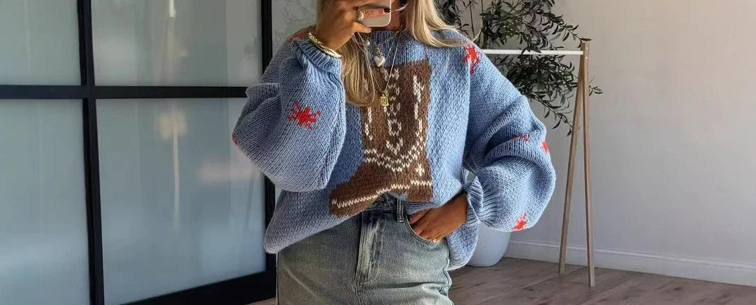 Autumn and Winter Fashion New Round Neck Long Sleeve Medium Length Women's Knitted Shirt