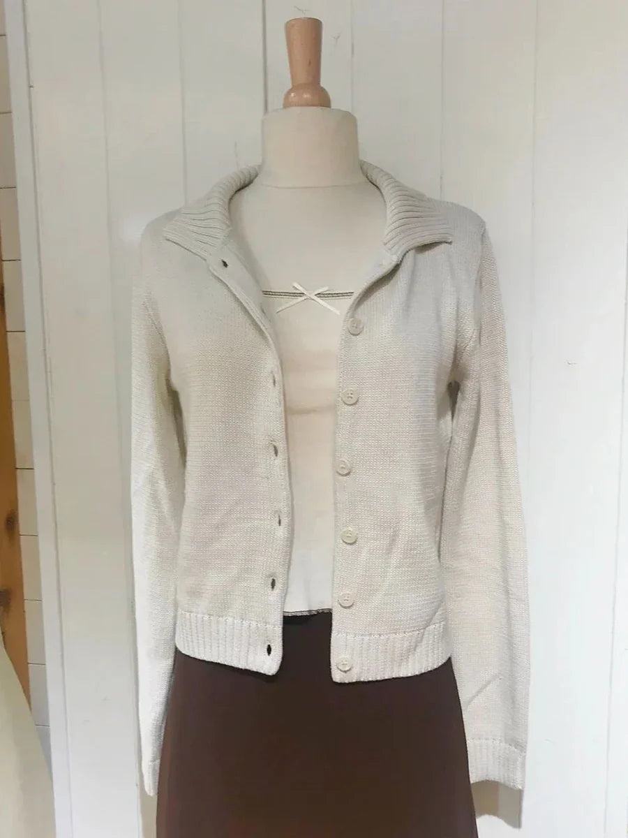 Beige Knit Short Sweater Cardigan Women Autumn Single Breasted Lapel Long Sleeve Sweaters Coat Cotton Casual Knitwear Top Y2k