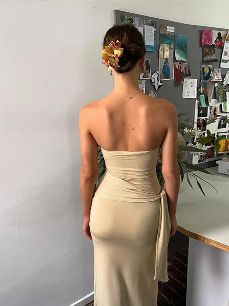 Sexy Strapless Women Bodycon Maix Dress Elegant Backless Sleeveless Pleated Knot Dresses 2024 Summer Lady Party Club Solid Robes