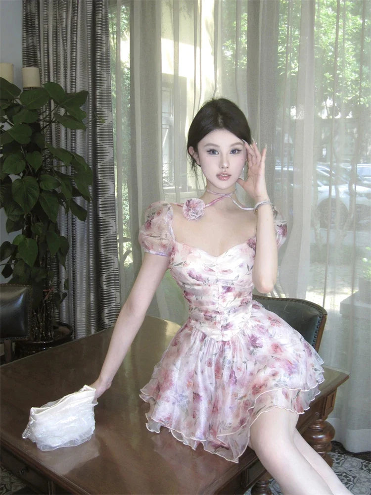 Elegant Princess Floral Short Dresses for Women Y2K Puff Sleeve Backless Printed Ruffles A-line Korean Fashion One Piece Vestido