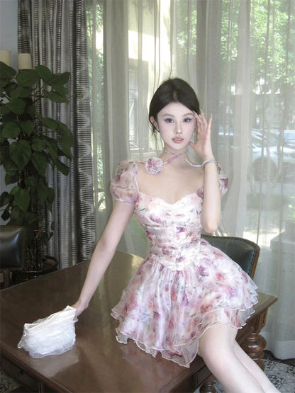 Elegant Princess Floral Short Dresses for Women Y2K Puff Sleeve Backless Printed Ruffles A-line Korean Fashion One Piece Vestido