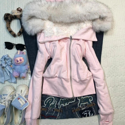 Pink Hoodie 2000s Cute Clothes Spicy Girls Streetwear High street Classic Minimalist Unique Casual Jacket Faux Fur Collar Hoody