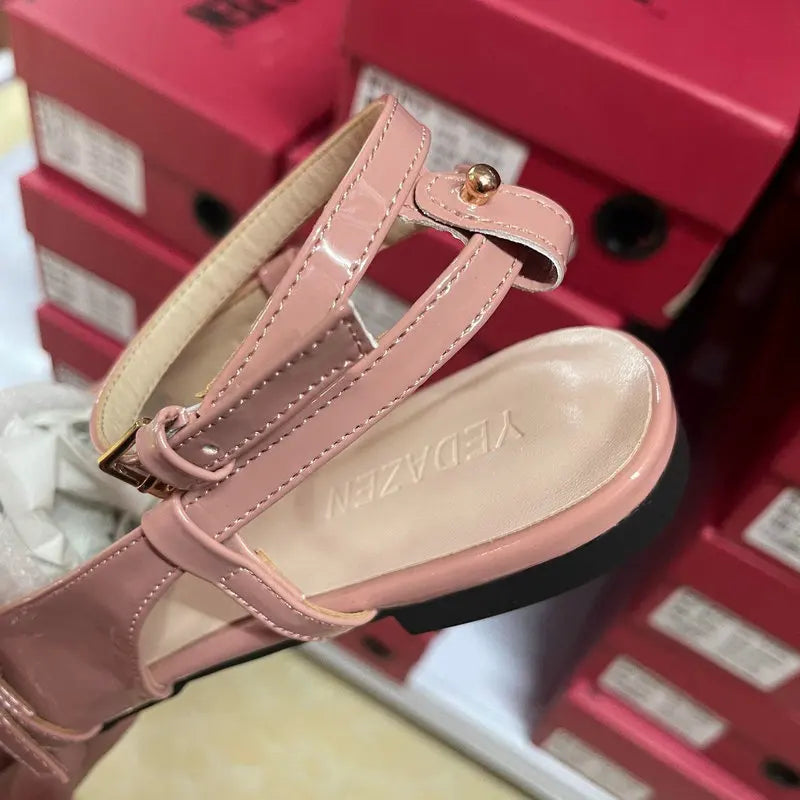 TAIVIMART  -  French Round Head One-Line Buckle Flat Shoes Women'S Gentle Style Ballet Shoes Back Empty Toe Sandals