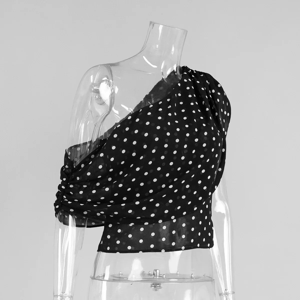 Black Polka Dot Sexy Asymmetric Blouse Women Sheer Mesh One Shoulder Draped Crop Top Women's Date Night Party Club Top