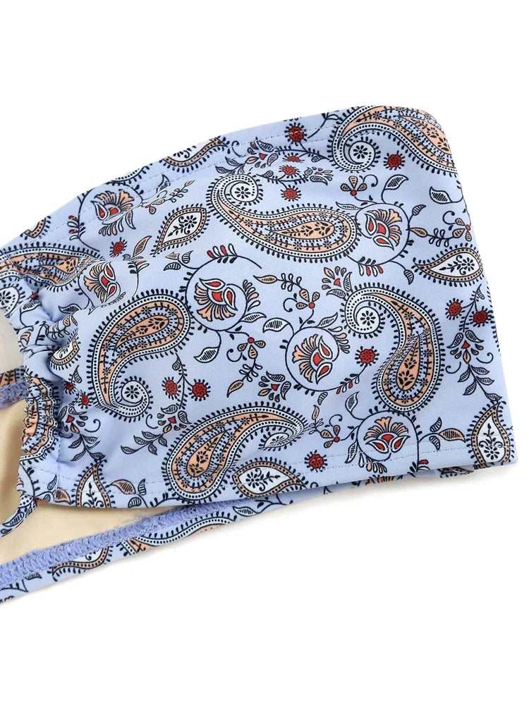 Multiway Floral Paisley Print Swimsuit For Women High Leg Bikini Swimwear Halter Bandeau Bikini Top And Tie Color Block