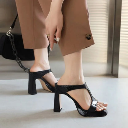 Shoes Ladies' Slippers Square Toe Big Size Low Women Heels High Block Rubber Rome Fabric Slides PU Hoof Shoes Square heel Womens