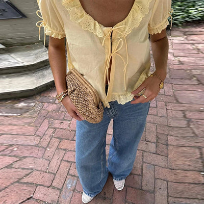 Chic Doll Collar Embroidery Lace Up Shirts for Women Elegant Short Puff Sleeve Female Blouse New Lady Solid Tops Streetwear