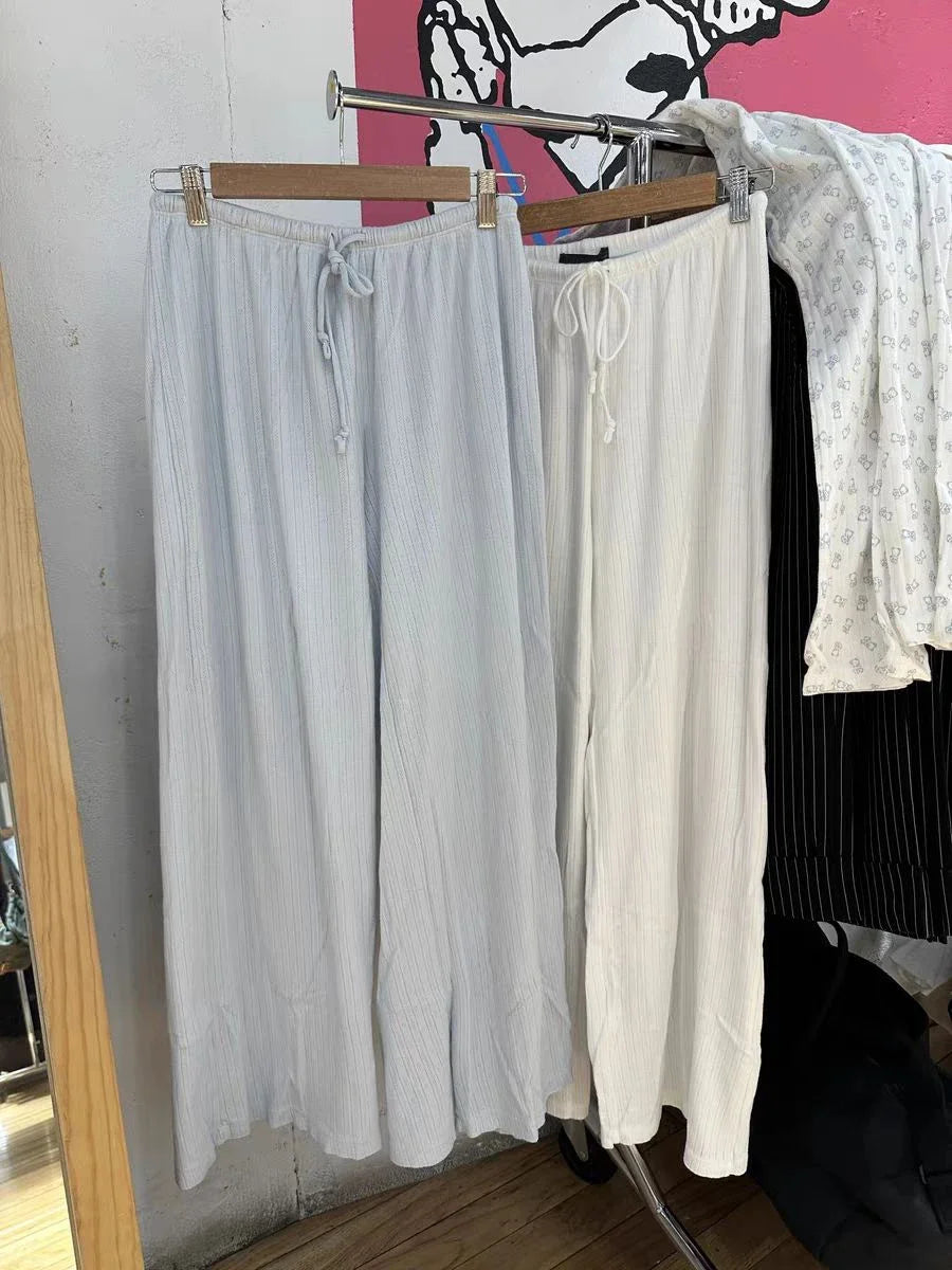 Vintage Eyelet Drawstring Straight Long Pants Women Autumn High Waist Cotton Solid Trousers Simple Sweet Home Pajama Pants Y2K