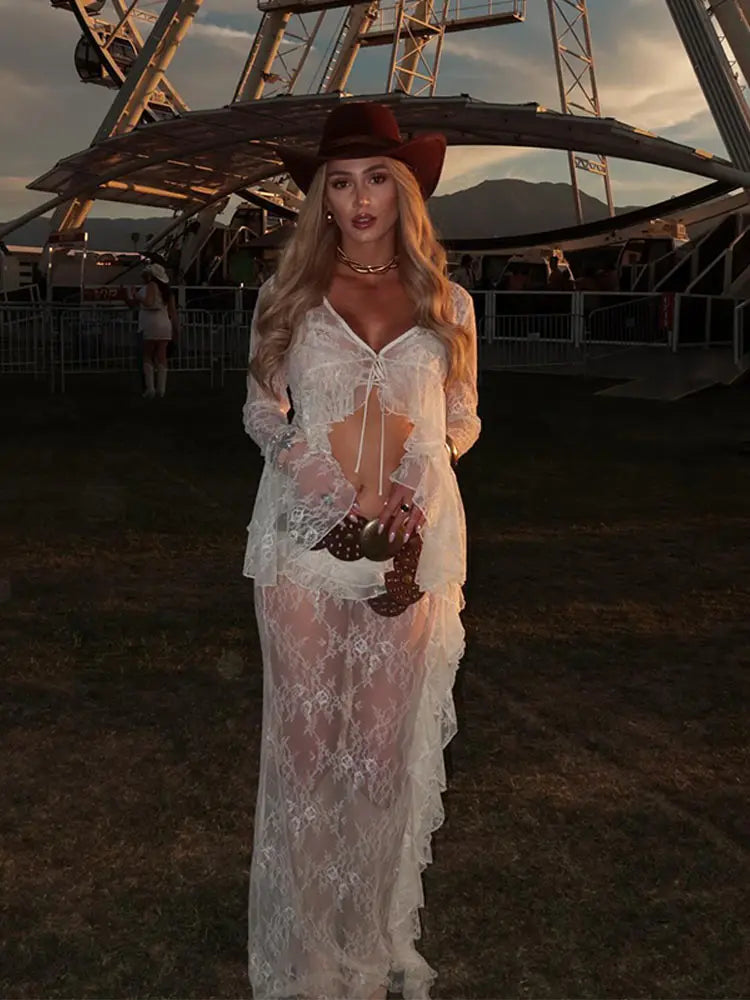 Sexy Ruffle Top Lace Skirt Set Women Loose Lace Up Flare Sleeve Tops See Through Long Skirts 2025 Summer Lady Party Solid Suits