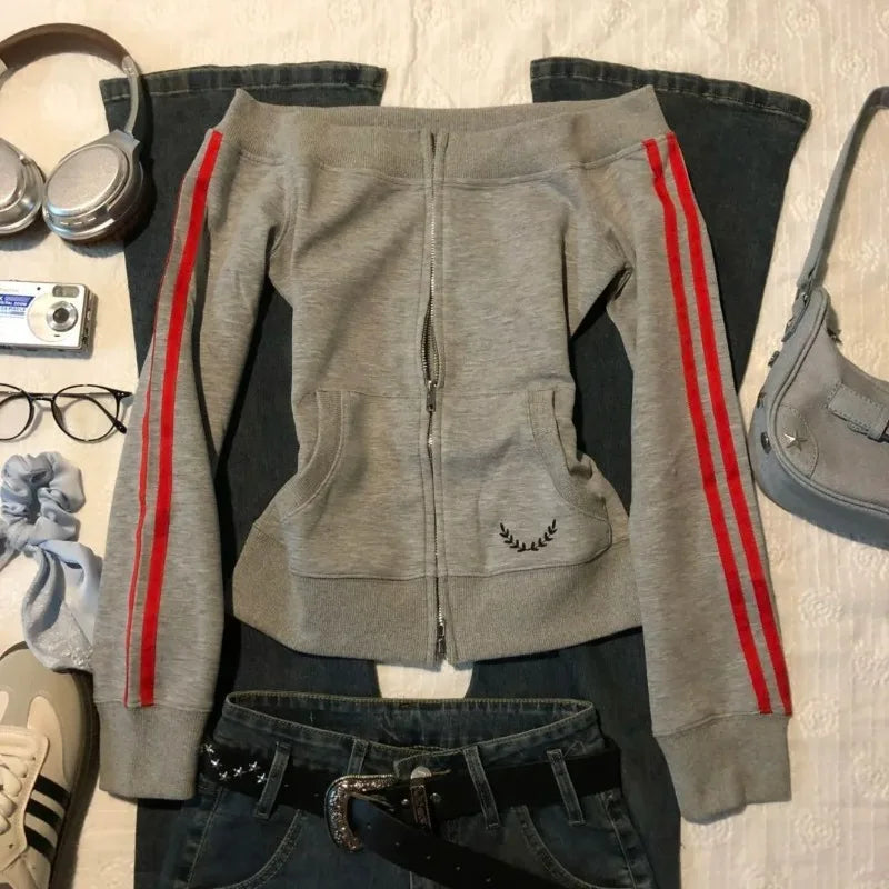 American Vintage Striped Sweatshirt Top Autumn New Slim Fit Coat Women Y2k Fashion Casual All-match Jackets Harajuku Hoodies