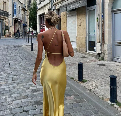 Asymmetric Strap Backless Slit Satin Maxi Dress