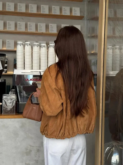 Casual Long Sleeve Stand Collar Female Coats Vintage Suede Zipper Jacket for Women Autumn New Lady Pockets Outerwear Street