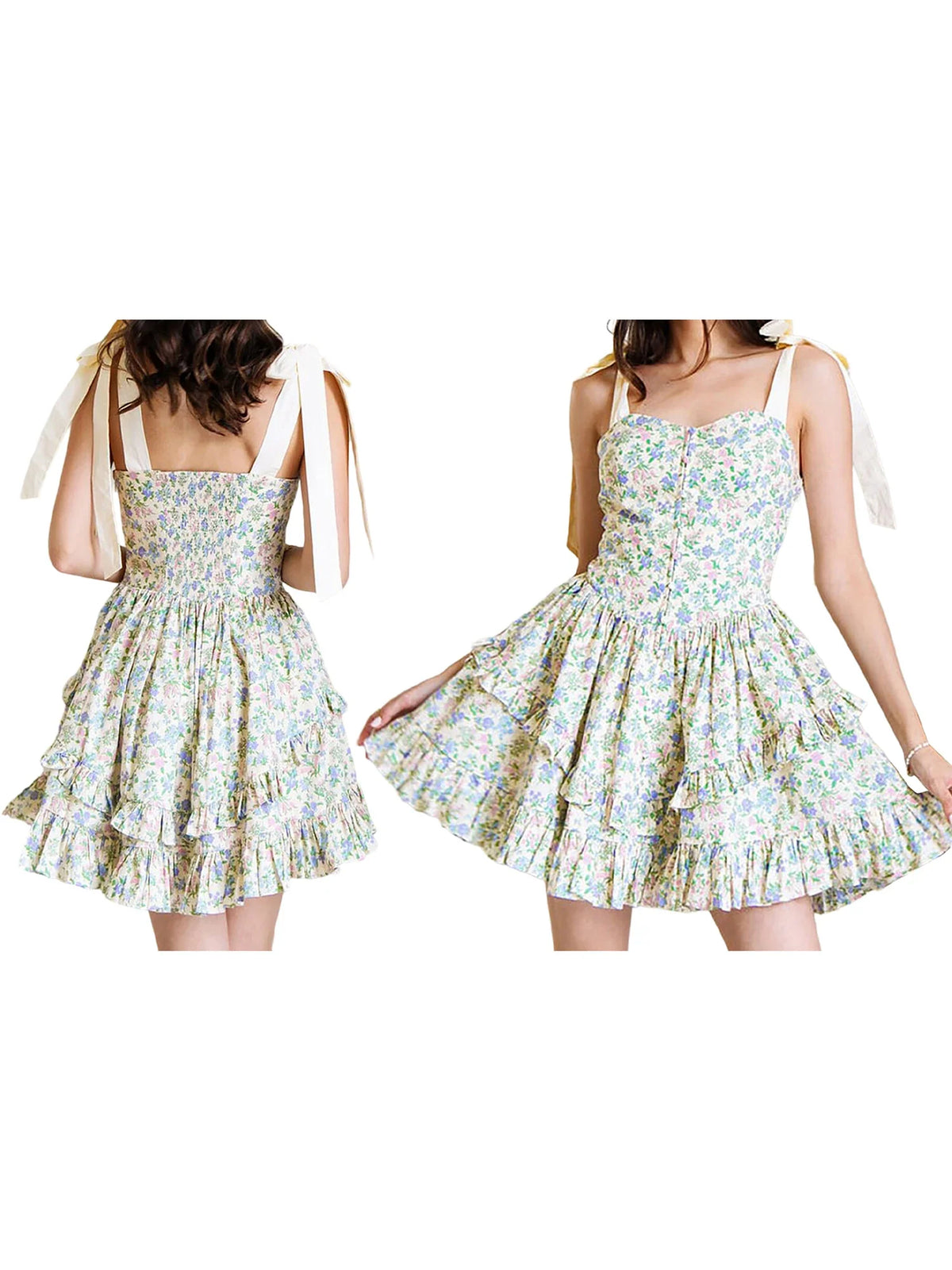 Elegant Sleeveless Floral Print Mini Dress with Bow Tie Shoulder Detail and Flirty Ruffle Hem - A Line Swing Dress for Women