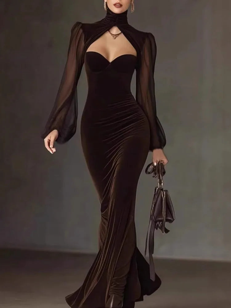 Spring Autumn Velvet Dress Women Long Sleeve Turtleneck Solid Sexy Elegant Evening Party Skinny Stretch Bodycon Dresses