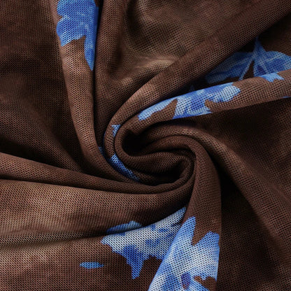 Women Vintage Brown Floral Print Midi Skirt High Waist Ruched Front Ruffle Hem Mermaid Skirt Elegant Slim Bodycon Mesh Mid Skirt