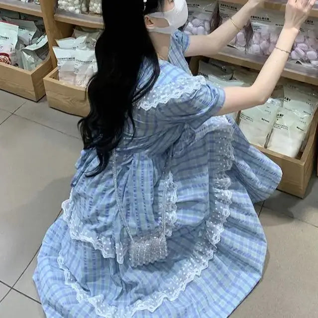 Dress Plaid Doll Collar Waist Sweet Knee-Length 2024 New Women'S Summer French First Love Gentle Style Long Skirt