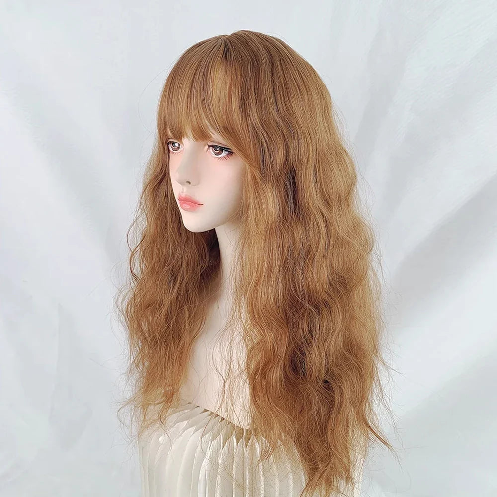 Blonde Synthetic Long Wave Wig with Bangs Fluffy Lolita Cosplay Women Heat Resistant Wig for Daily Party