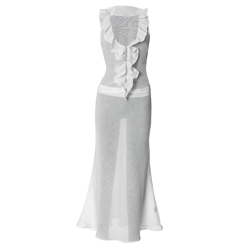 Sets For Women 2 Pieces Ruffes Tank Top Low Rise A-Line Long Skirt See Through French Outfit Summer Clothes For Female